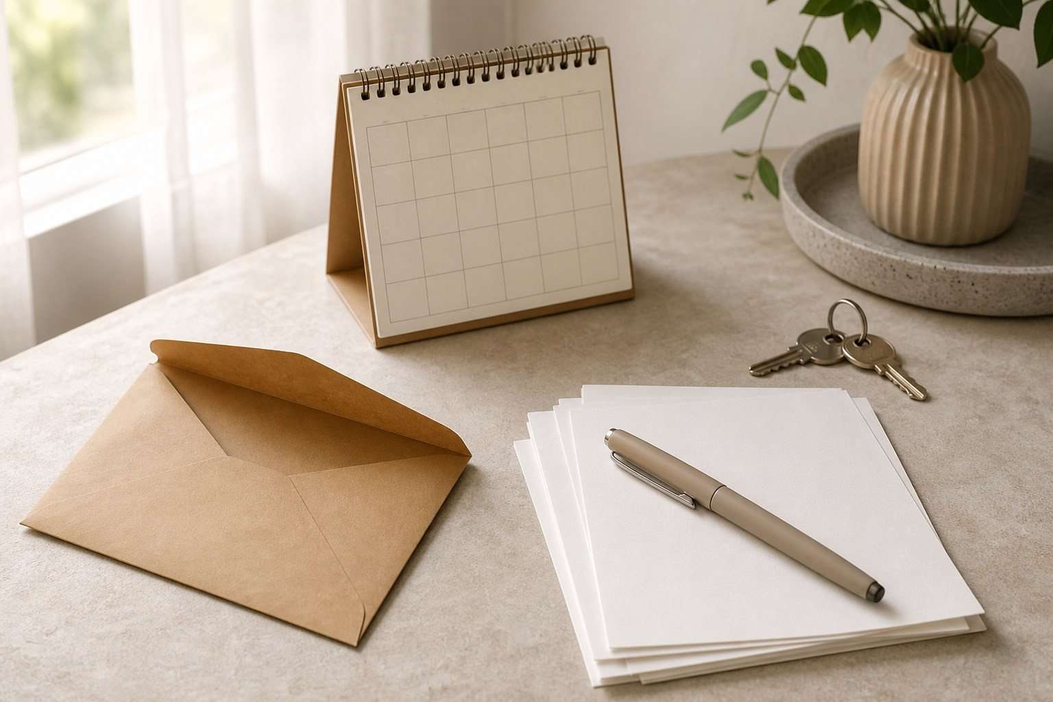 Sobre, calendario, llaves y documentos en blanco preparados para cerrar una relación laboral.